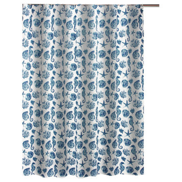 Benzara BM293486 Shower Curtain, Blue Seashells Print, Button Holes, Microfiber