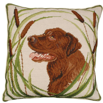 Throw Pillow Needlepoint Chocolate Lab Dog 18x18 Green Brown Wool