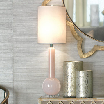 Studio Table Glass Lamp, With Tall Thin Drum Shade, Pink