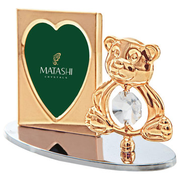 24K Gold Plated Picture Frame Set With Crystal Teddy Bear Figurine, Silver Base