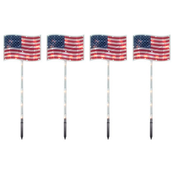 4ct Patriotic American Flag 4th of July Pathway Marker Lawn Stakes, Clear Lights