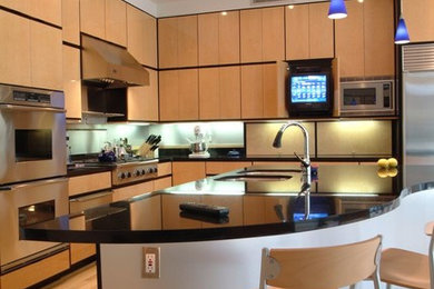 Inspiration for a contemporary light wood floor kitchen remodel in Jackson with an undermount sink, flat-panel cabinets and stainless steel appliances