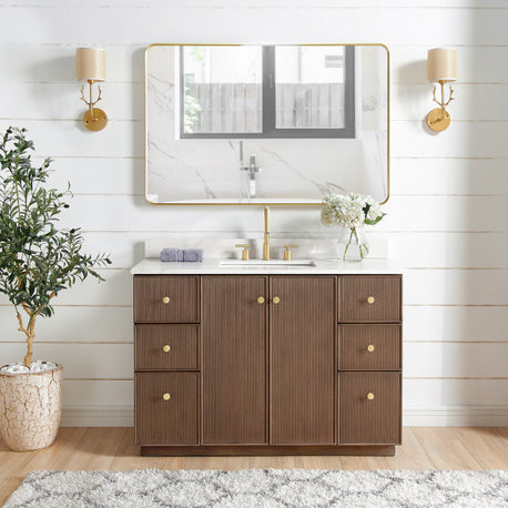 Oza Bath Vanity with Quartz Stone Top, Aged Dark Brown Oak, 48", Single Vanity, No Mirror