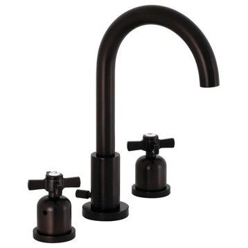 Eclectic Widespread Bathroom Faucet, High Arc Spout & 2 Crossed Handles, Bronze