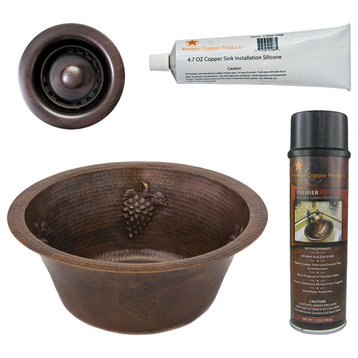 16" Round Copper Bar Sink, Grapes & 2" Drain Opening, Drain & Accessories