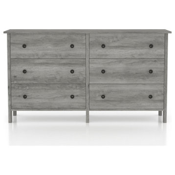 Transitional Dresser, 6 Drawers With Double Round Black Pulls, Vintage Gray Oak