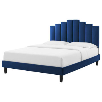 Platform Bed Frame, Full Size, Velvet, Blue Navy, Modern Contemporary, Bedroom