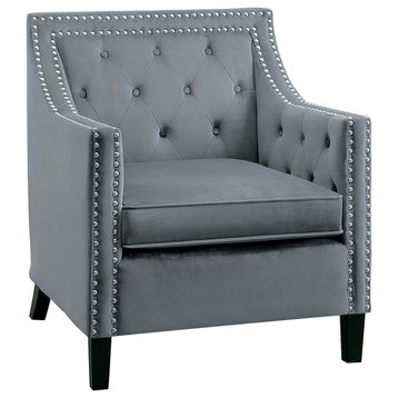 Traditional Accent Chair, Velvet Seat With Sloped Arms and Nailhead Trim, Grey