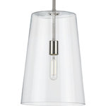 Progress Lighting - Clarion Collection Polished Nickel 1-Light Medium Pendant - Who says you have to sacrifice forms for function? This versatile pendant features a simple, clear glass shade that embraces minimalist modernity and functional task lighting. The glass shade rests at the end of a sleek polished nickel bar that attaches to the ceiling. Each light fixture has a swivel at its base that makes it perfect for installing on flat or angled ceilings.