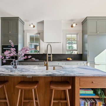 Custom Green Cabinetry w/Plain Sliced White Oak Island
