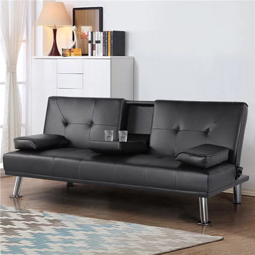 Modern Futon, Artificial Leather Seat With Cup Holders & Movable Arms, Black