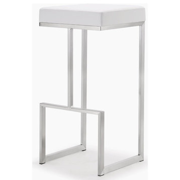Set of 2 Bar Stool, Stainless Steel Base With Faux Leather Padded Seat, White
