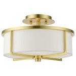Livex Lighting - Satin Brass Contemporary, Nautical, Urban, Sophisticated Semi Flush - This medium satin brass two-light semi flush fixture from the Wesley Collection features an off-white hardback fabric shade. Practical illumination, timeless charm and versatility make this ceiling mount the right choice for any room of your house.  With its easy installation and low upkeep requirements, this charming piece will not disappoint.