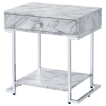 Wither Accent Table, White Printed Faux Marble and Chrome Finish