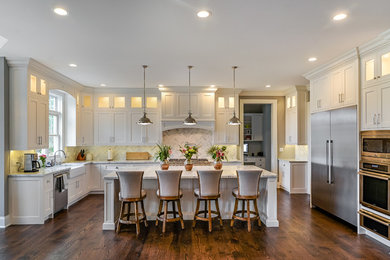Large dark wood floor and brown floor kitchen photo in Chicago with a farmhouse sink, shaker cabinets, white cabinets, quartzite countertops, gray backsplash, marble backsplash, stainless steel appliances and an island