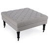 Button Tufted Square Ottoman Bench With Rolling Wheels Nailhead Trim, Beige