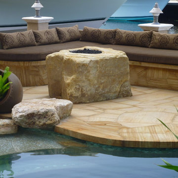 Stone fire pit outdoor seating area