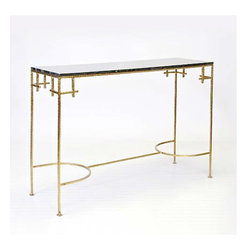 Worlds Away Marcy Gold Leafed Console w. Black Marble Top - Irons