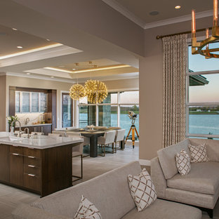 オマハの広いコンテンポラリースタイルのLDKの画像 (茶色い壁、磁器タイルの床、暖炉なし、茶色い床)