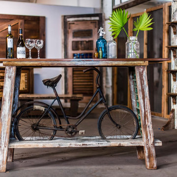 Bar Made with Reclaimed Wood, Antique European Bicycle & Salvaged Shutters