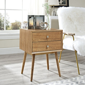 Nightstand Side End Table, Wood, Brown Natural, Modern Mid-Century Living Room