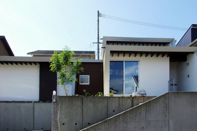 Imagen de fachada de casa minimalista de una planta con revestimiento de estuco, tejado de un solo tendido, tejado de metal y tablilla