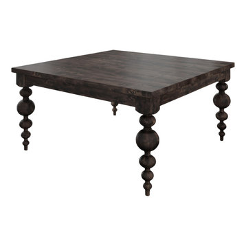 Square Modern Turned Leg Dining Table, Charred Ember Finish, 60" X 60" X 30" T