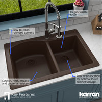 Karran Drop-In Quartz 33" 1-Hole 60/40 Double Bowl Kitchen Sink, Brown
