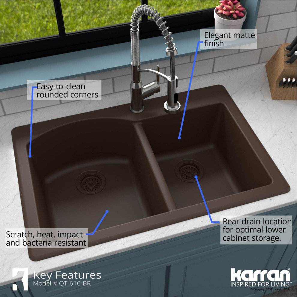 Karran Drop-In Quartz 33" 1-Hole 60/40 Double Bowl Kitchen Sink, Brown