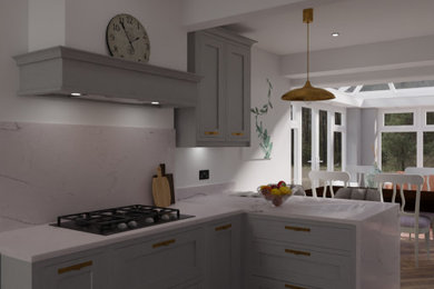 Photo of a small traditional l-shaped kitchen/diner in Other with a built-in sink, beaded cabinets, grey cabinets, quartz worktops and medium hardwood flooring.