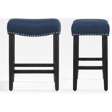 WestinTrends 2PC 24" Upholstered Saddle Seat Counter Height Stool Set, Bar Stool, Navy Blue