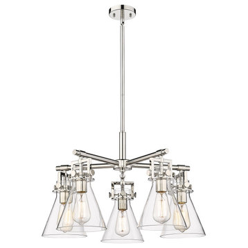 Newton Cone, 5 Light 7" Stem Hung Chandelier, Polished Nickel, Clear Glass