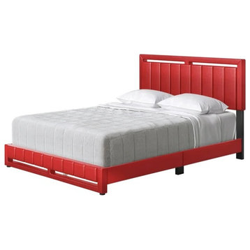 Modern PU Leather Platform Bed, Vertical Saddle Stitched Headboard, Red/Queen