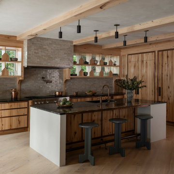 Antique Elm Box Beams and Cabinetry in Wabi-Sabi Lakeside Kitchen