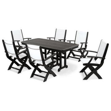 Polywood Coastal 7-Piece Dining Set, Black/White Sling