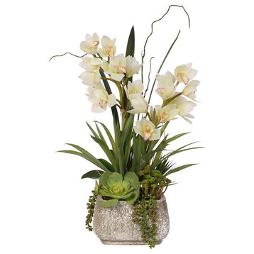 Real Touch White Cymbidium Orchids With Artificial Succulents in Concrete Pot