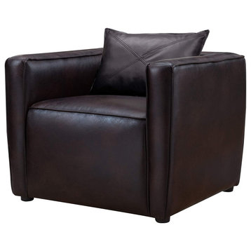Modern Accent Chair, Leatherette Upholstered Seat With Loose Back Pillow, Brown