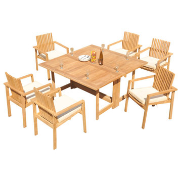 7-Piece Outdoor Teak Set: 60" Square Butterfly Table, 6 Clip Stacking Arm Chairs
