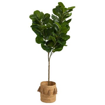 6' Fiddle Leaf Fig Artificial Tree, Handmade Natural Jute Planter With Tassels