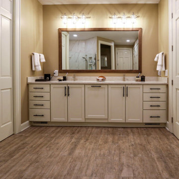 Rustic Master Bathroom with Barrier Free Shower and Closet Organization