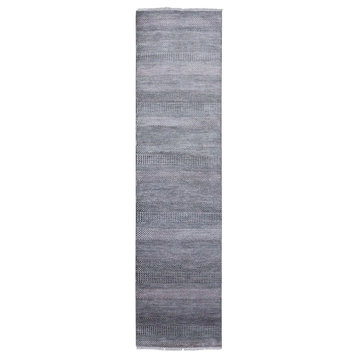 Gray, Wool and Silk Hand Knotted, Modern Grass Design Runner Rug, 2'8"x10'2"