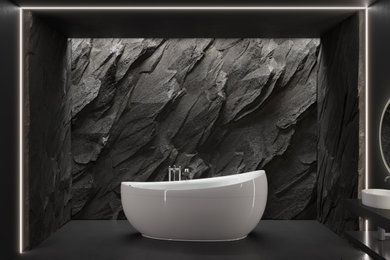 Визуализация темной ванной комнаты со скалой