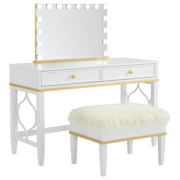 Emma Vanity With Mirror and Stool, White and Gold