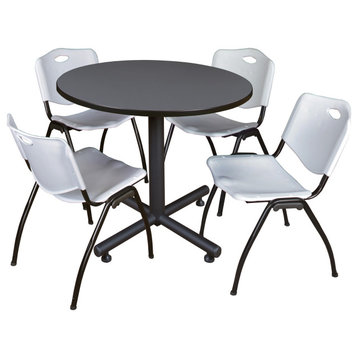 Kobe 36" Round Breakroom Table- Grey & 4 'M' Stack Chairs- Grey