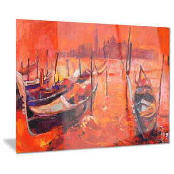 "Red Sunset Over Venice" Landscape Painting Glossy Metal Wall Art, 28"x12"