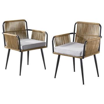 2 Pack Outdoor Dining Chair, Metal Frame With Rope Accents & Light Gray Cushions