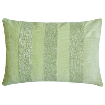 Mint Green Velvet 12"x18" Lumbar Pillow Cover, Beaded Sparkling Stripe, Mint