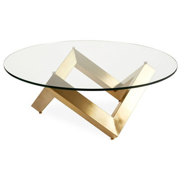 Como Glass Round Coffee Table by Nuevo, Brushed Gold Stainless Steel