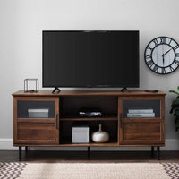 Walker Edison 58" Glass & Wood Split Panel Door TV Console-Dark Walnut