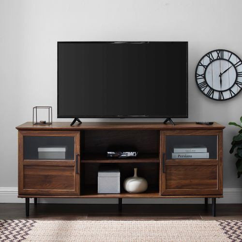 Walker Edison 58" Glass & Wood Split Panel Door TV Console-Dark Walnut